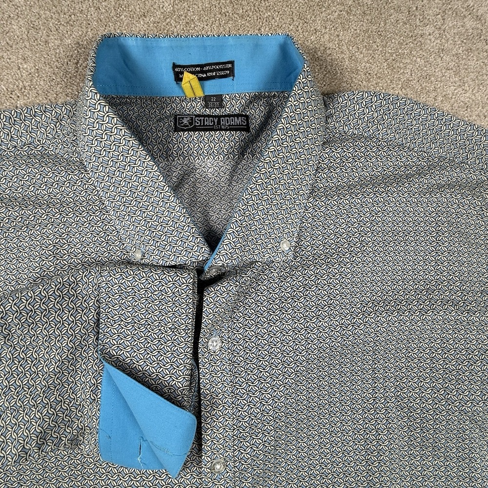 Stacy Adams French Cuff 22 36-37 Button Down Blue All Over Print Dress Shirt